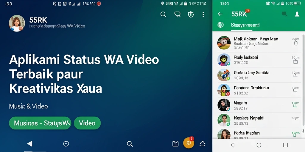 Tampilan antarmuka pengguna aplikasi 55RK untuk Status WA Video.