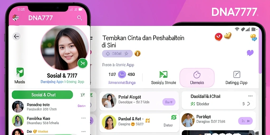 Antarmuka aplikasi DNA777 dengan fitur chatting dan pencocokan yang menarik.